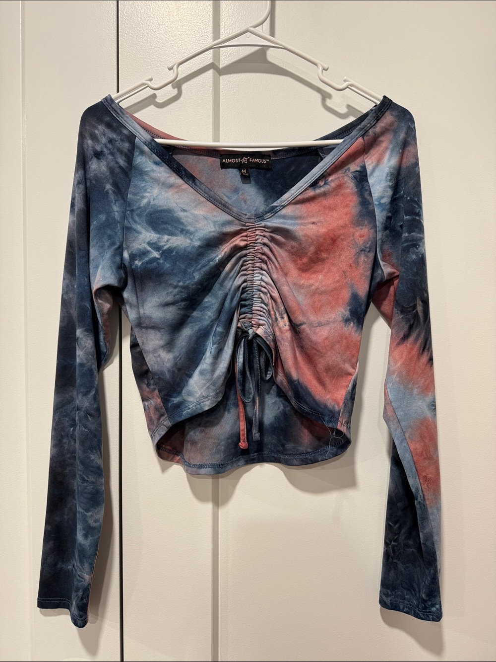 Almost Famous Tie-Dye Ruched V-Neck Long Sleeve Crop Top - Blue & Coral